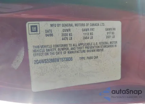 1998 Buick Century Custom from USA, damaged, VIN 2G4WS52M8W1573836